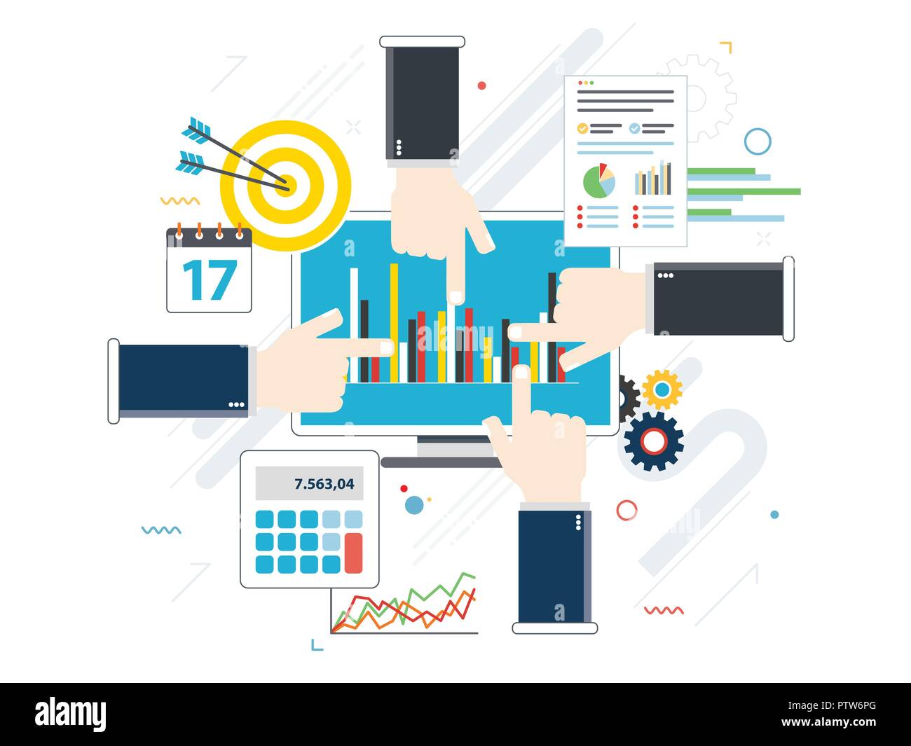 Konzept der Geldanlage, Analytik mit Wachstum Bericht. Berechnungen und Grafiken der Gewinne an der Börse und Real Cash-Gewinn. Erfolgreiche Stock Vektor