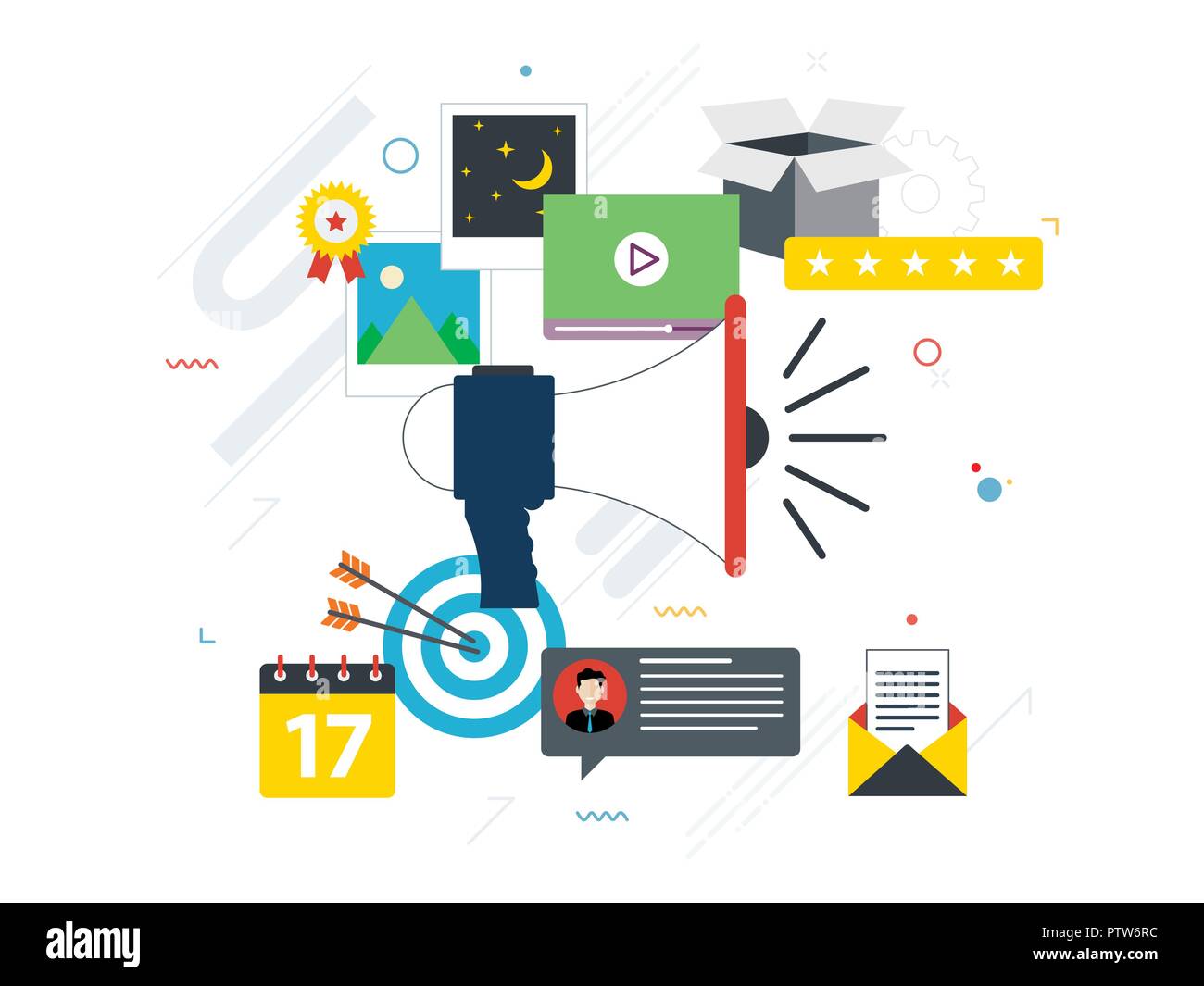 Werbung und marketing-Kommunikation-Symbole. Konzepte für Business-Marketing, Analyse und Strategie in sozialen Netzwerken und social Media. Flache desig Stock Vektor