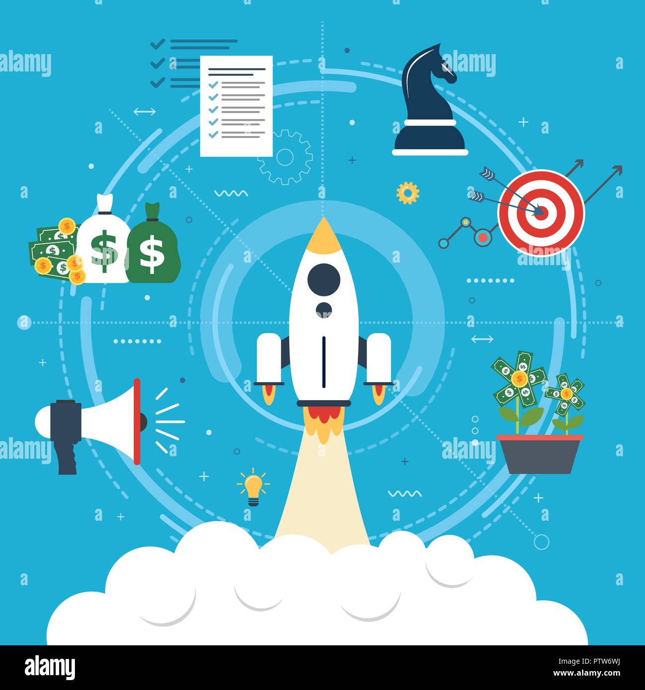 Rakete fliegen mit Symbolen für Strategie, Marketing, Geld und Investitionen. Konzept der Business erfolgreiche Strategie, Wachstum und Investitionen im Anlauf. Flach Stock Vektor