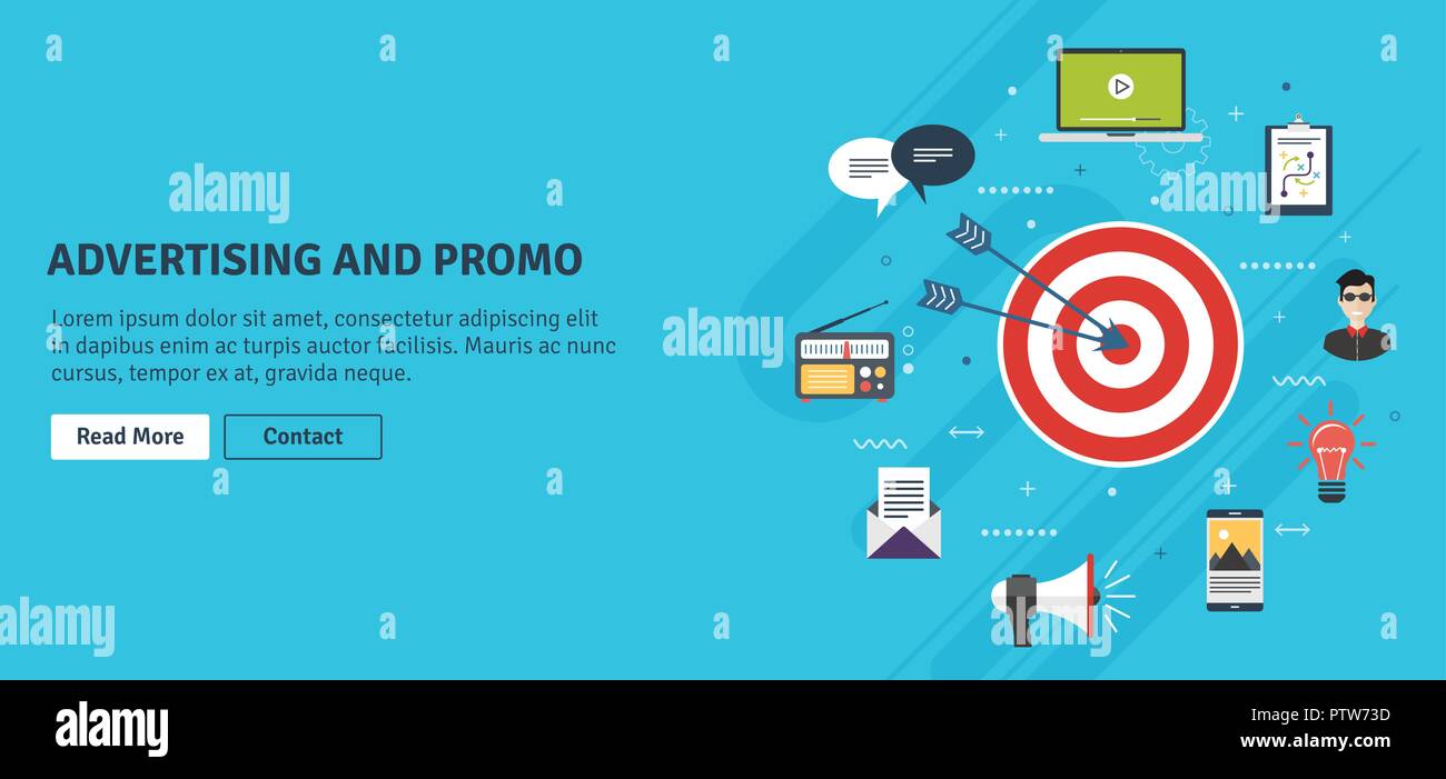 Business Marketing, Verkaufsförderung, Werbung und Strategie. Werbung und Marketing Kommunikation Symbole. Werbung und Promotion Internet banner Konzept Stock Vektor