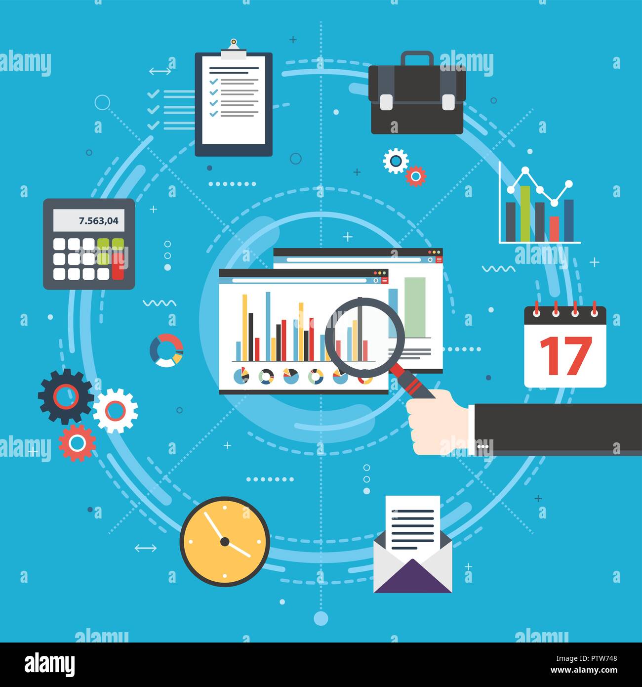 Finanzielle Strategie, Bericht mit Daten, Tabellen des Wachstums auf der Webseite im Internet Browser. Finanzen, Wirtschaft und Investitionen Symbole, Diagramm Stock Vektor