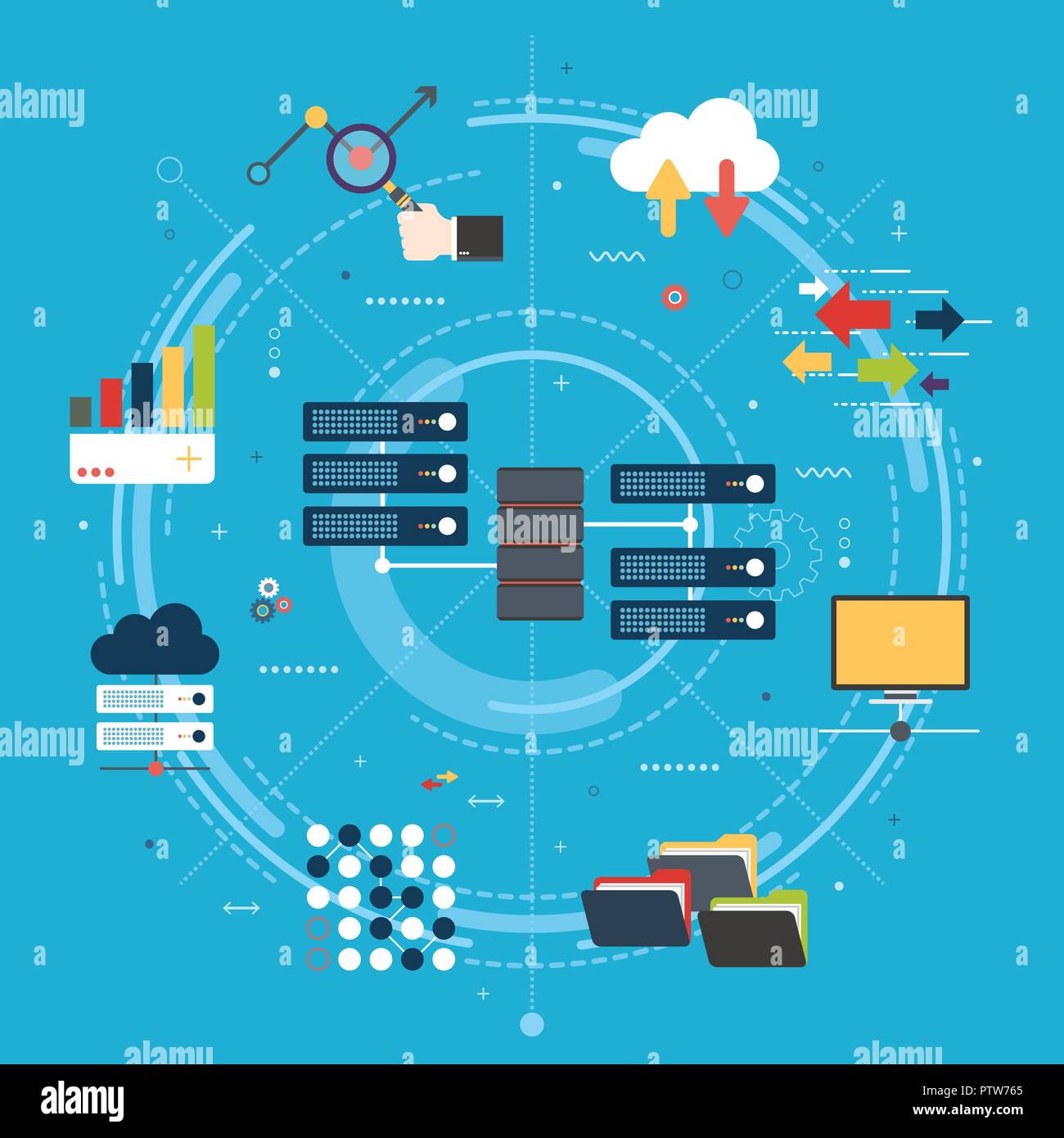 Netzwerk Server von Computern und Business Intelligence. Database Security System. Backup Data Traffic Analyse. Big Data und Cloud Computing banner Conc Stock Vektor