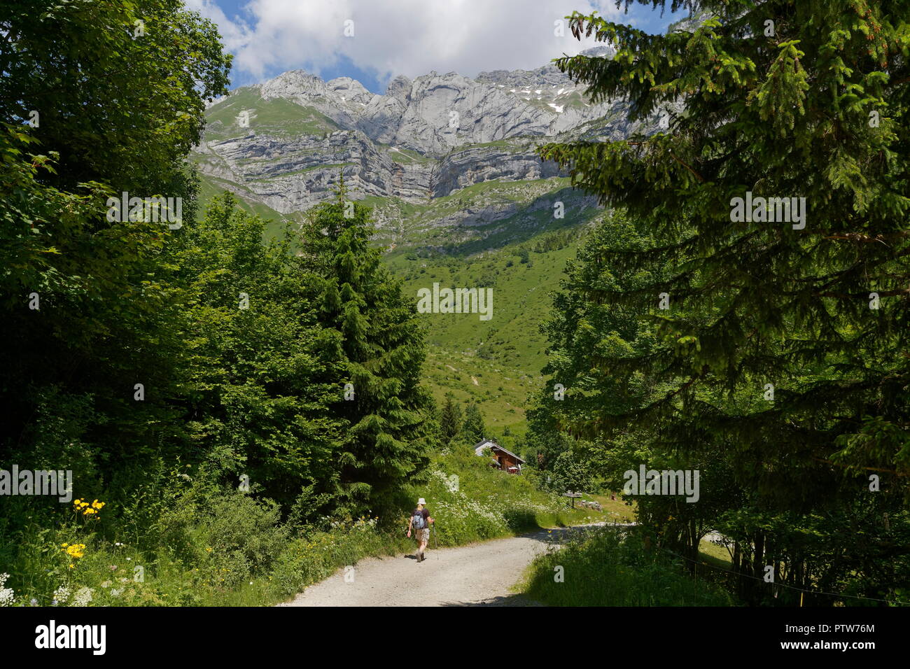 Weibliche Wanderer auf dem Weg zu einem weit entfernten Restaurant auf der off road Tracks in den Tälern der französischen Alpen nr Montmin Frankreich Stockfoto