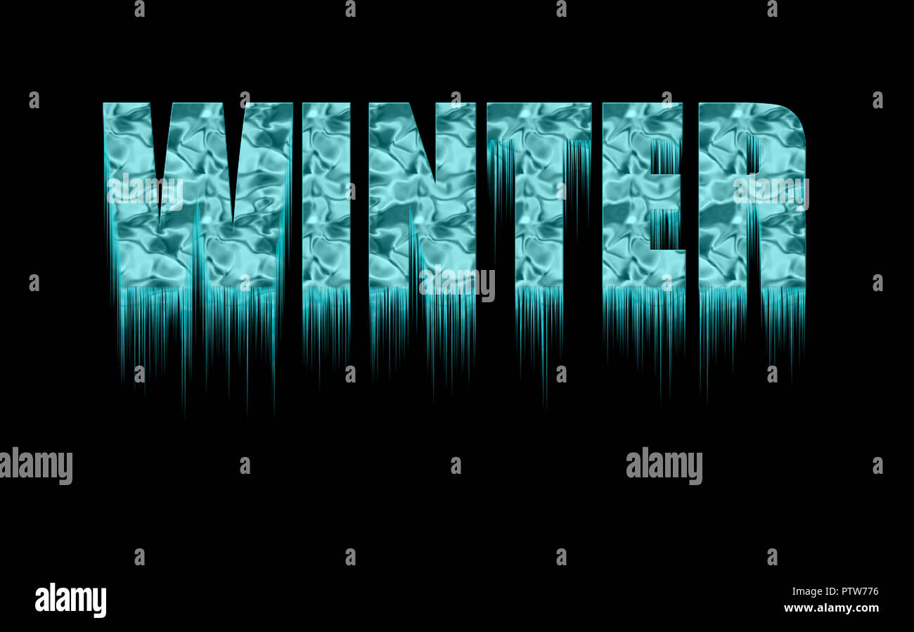 Konzept kühl im Winter. Dekorativ gefrorene Text - Winter - mit Eiszapfen auf dem schwarzen Hintergrund. Stockfoto