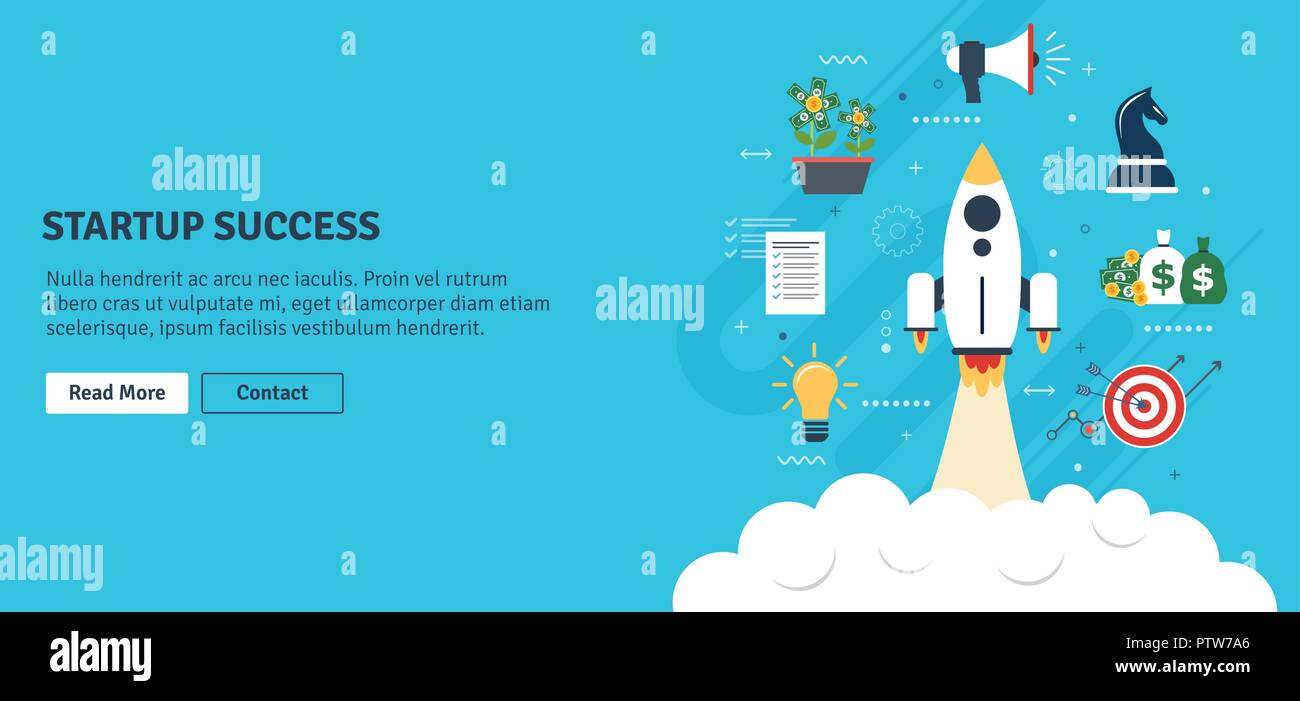 Rakete fliegen mit Symbolen für Strategie, Marketing, Geld und Investitionen. Konzept der Business erfolgreiche Strategie, Wachstum und Investitionen im Anlauf. Flach Stock Vektor