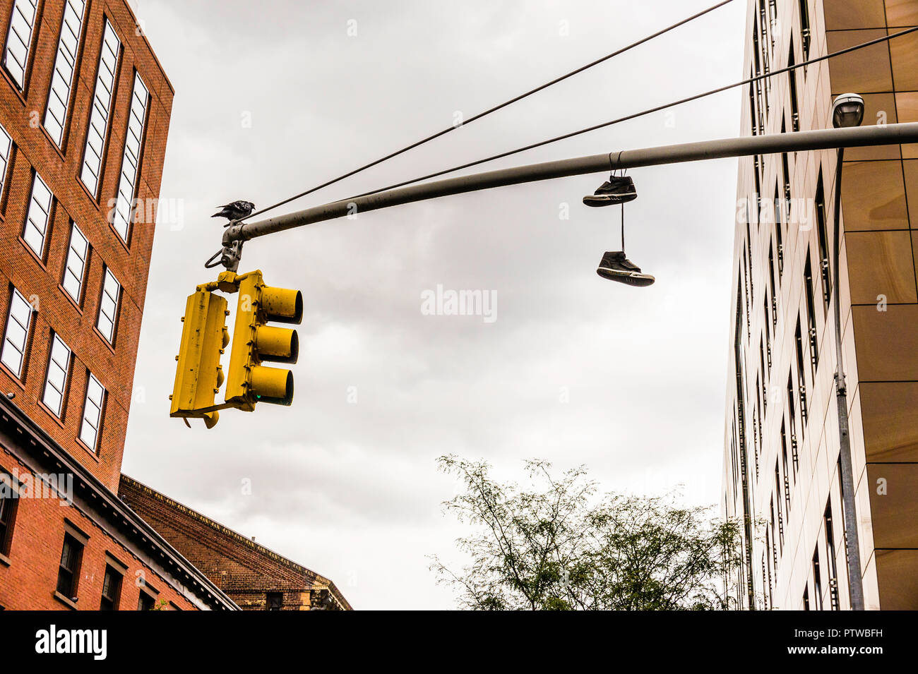 Schuhe auf eine Ampel Lower Manhattan New York, New York, USA  Stockfotografie - Alamy