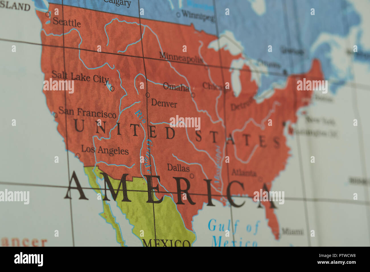 United States Gebiet Land auf Papier Karte Nähe zu sehen. Stockfoto