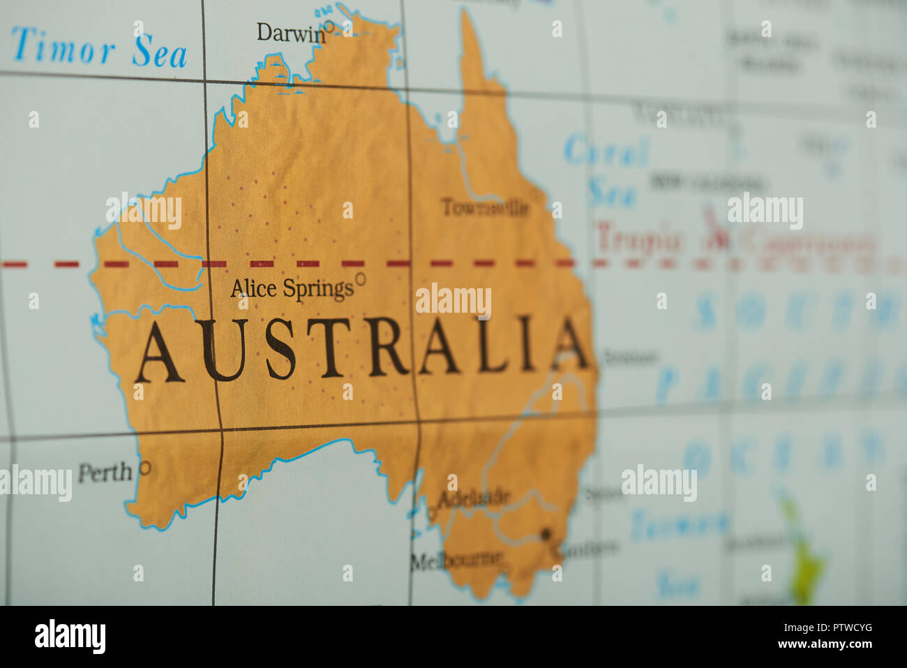 Australien Land auf Papier Karte Nähe zu sehen. Stockfoto