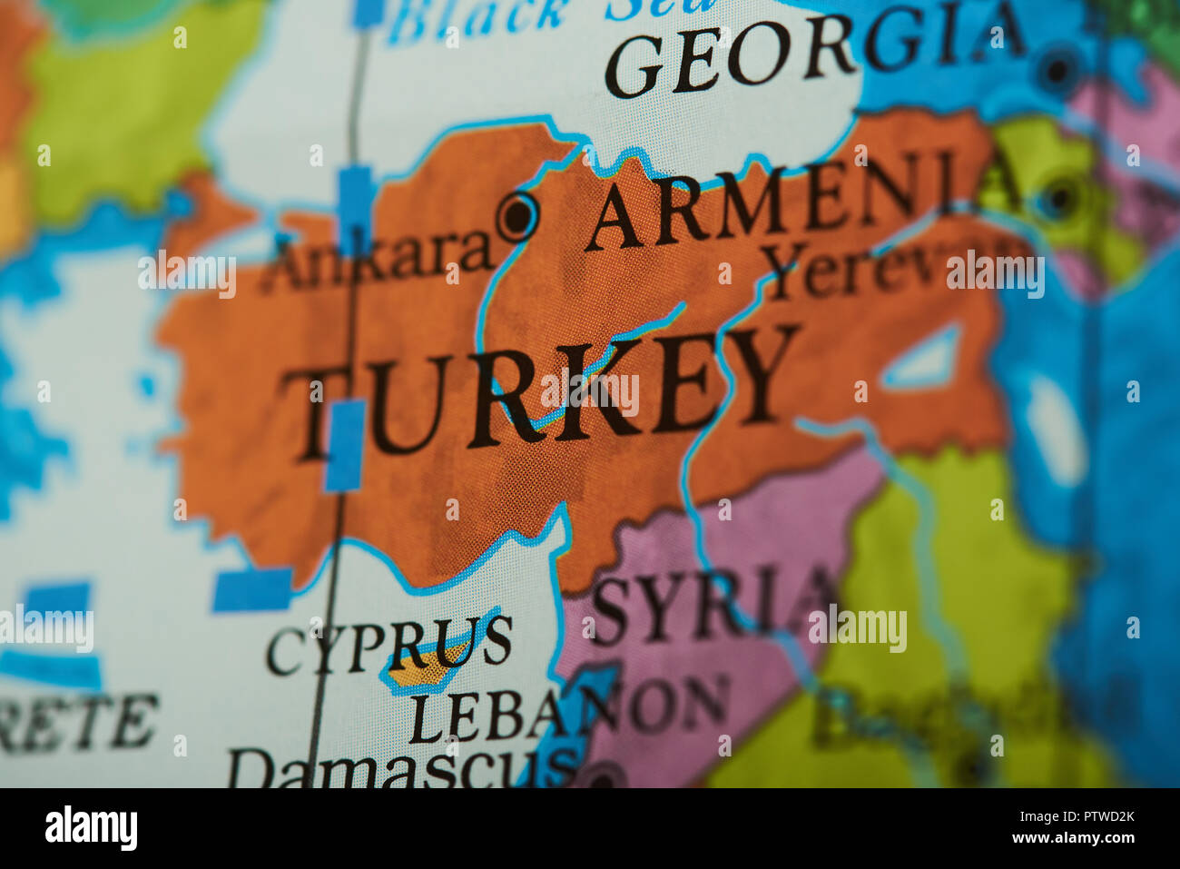 Türkei Land auf Papier Karte Nähe zu sehen. Stockfoto