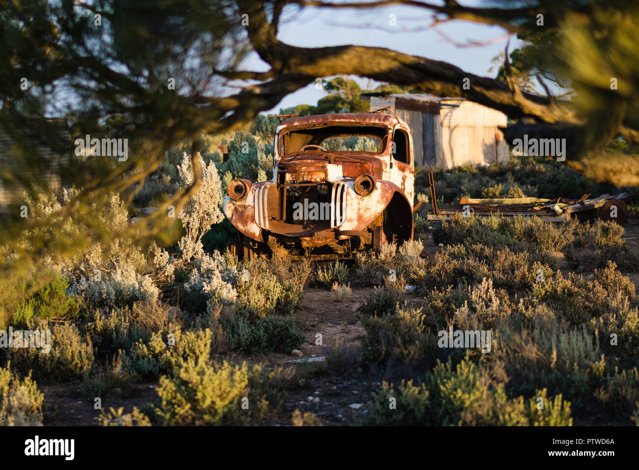 Auto Friedhof der ruiniert und verrostete Auto an Koonalda Homestead alte Eyre Highway, Nullarbor National Park South Australia Stockfoto