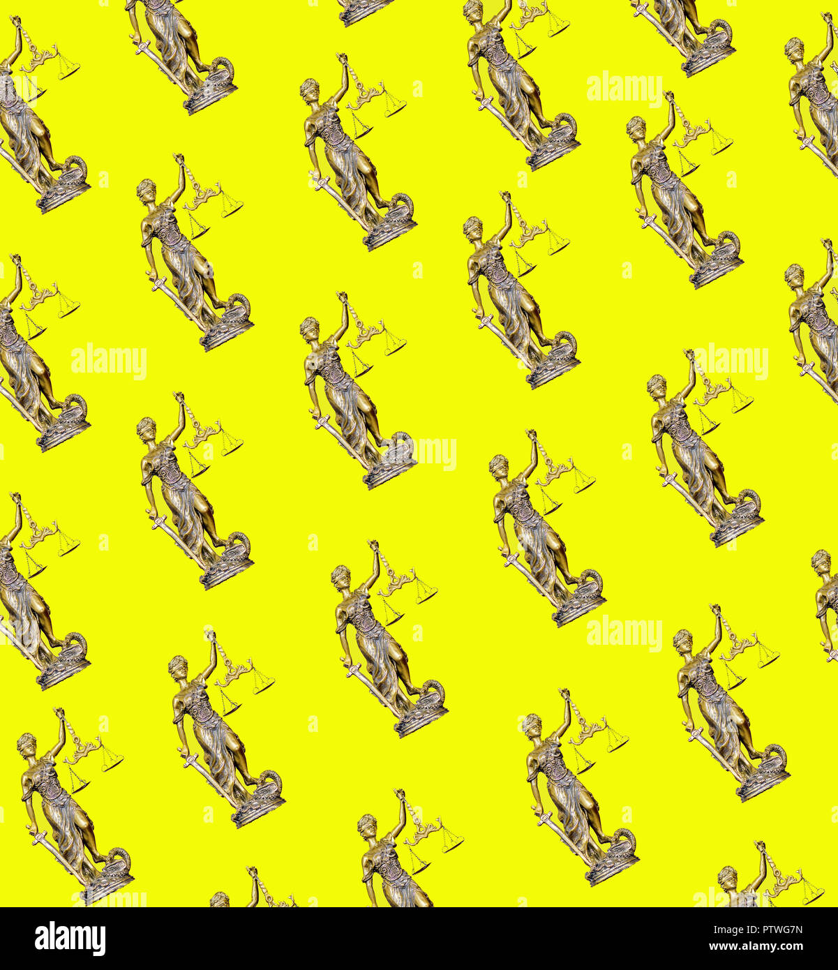 Nahtlose Muster Statue von Gerechtigkeit auf den gelben Hintergrund Stockfoto