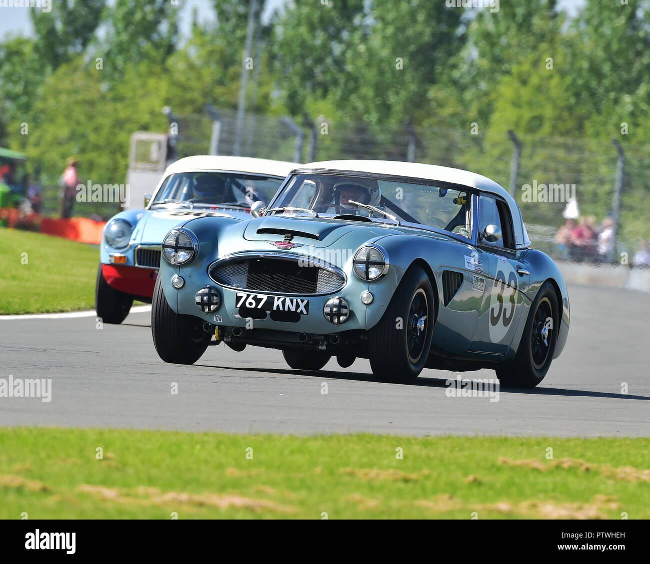 Alex Bell, Julian Thomas, Austin Healey 3000, GT und Sportwagen Cup, Pre-66 GT Autos, Pre-63 Sportwagen, Donington historische Festspiele, 2018, laufender Motor Stockfoto