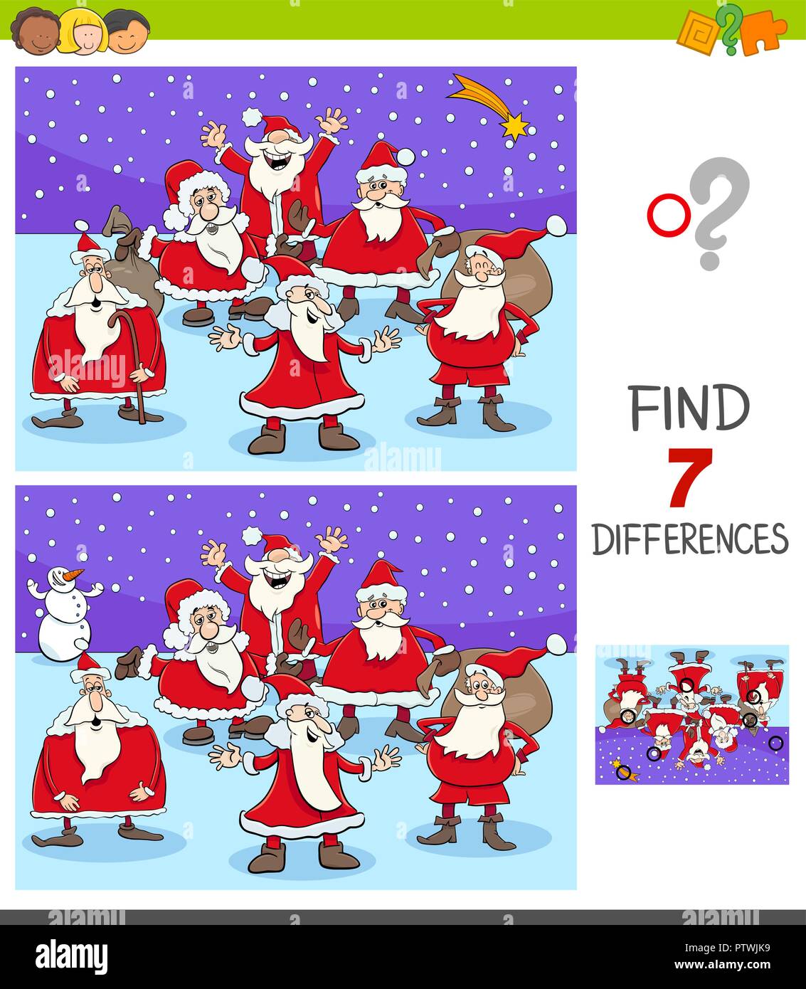 Cartoon Illustration des Findens Sieben Unterschiede zwischen Bilder Lernspiel für Kinder mit Santa Claus Weihnachten Zeichen Stock Vektor