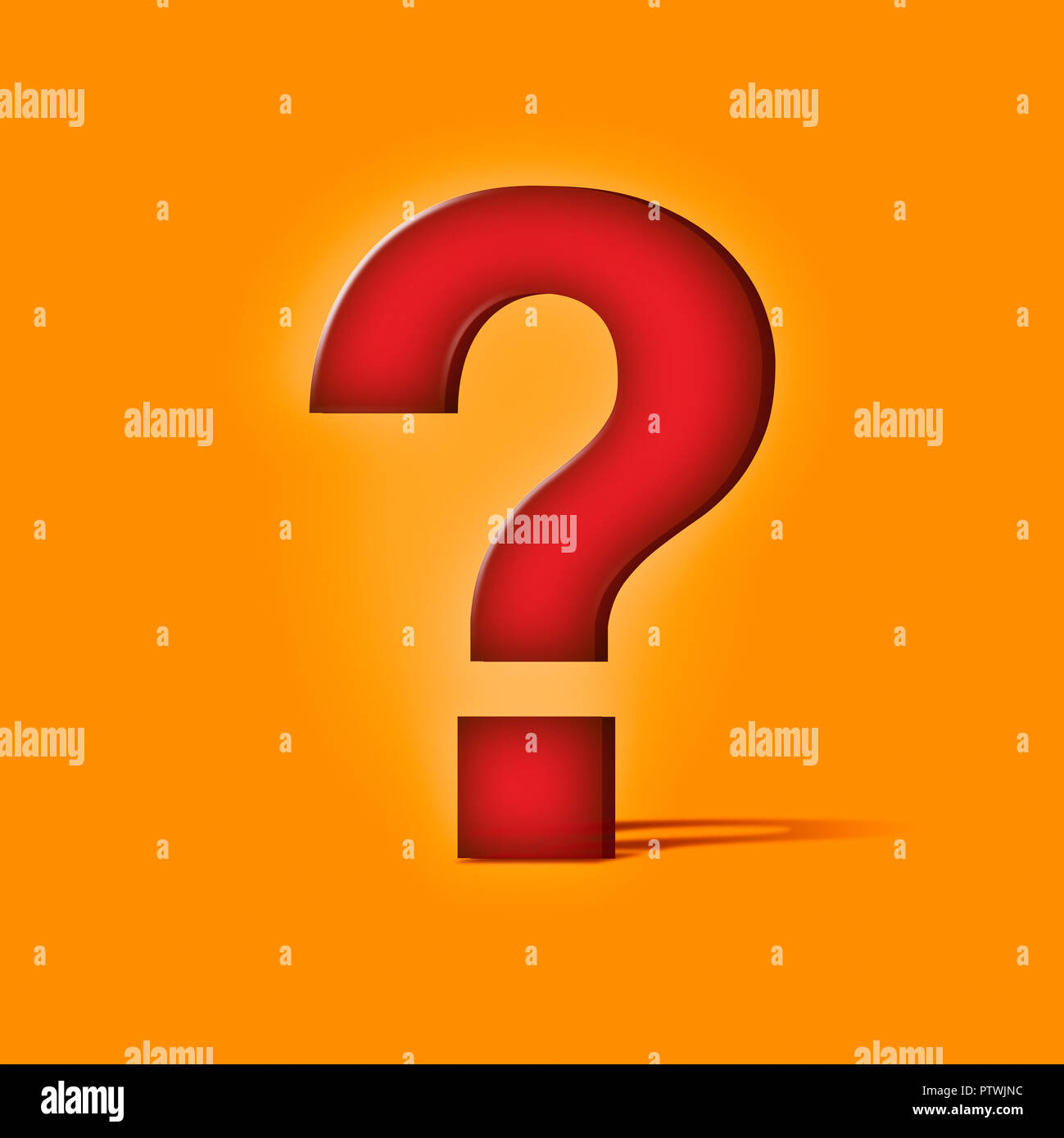 Rote Fragezeichen gegen orange Hintergrund Stockfoto