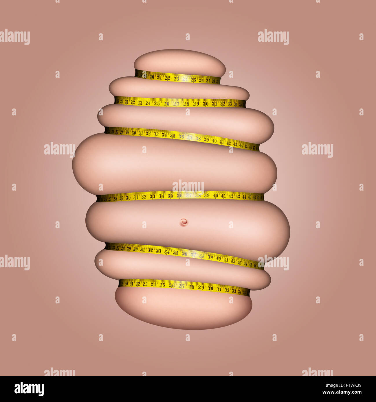 Digital composite von Übergewicht Magen mit Maßband zusammendrücken. Stockfoto