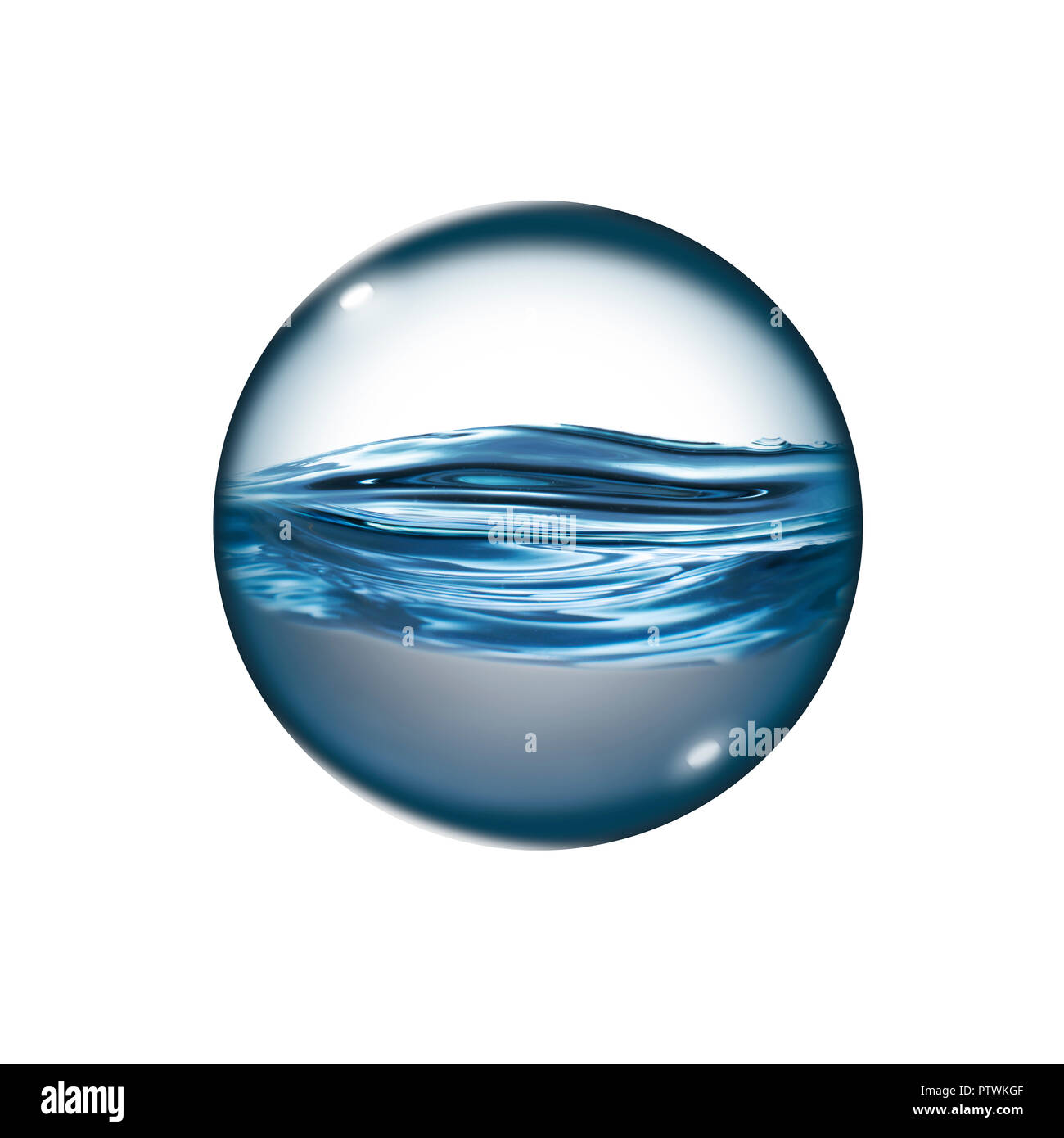 Transparente Flüssigkeit in der Sphäre vor weißem Hintergrund, digital Composite Stockfoto