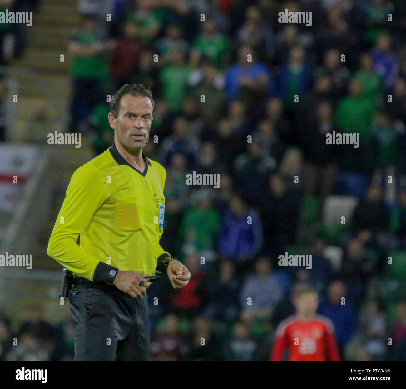 Nationale Fußball-Stadion im Windsor Park, Belfast. 11. September 2018. Internationaler Fußball-freundlich - Nordirland 3 Israel 0. Schiedsrichter Bas Nijhuis. Stockfoto