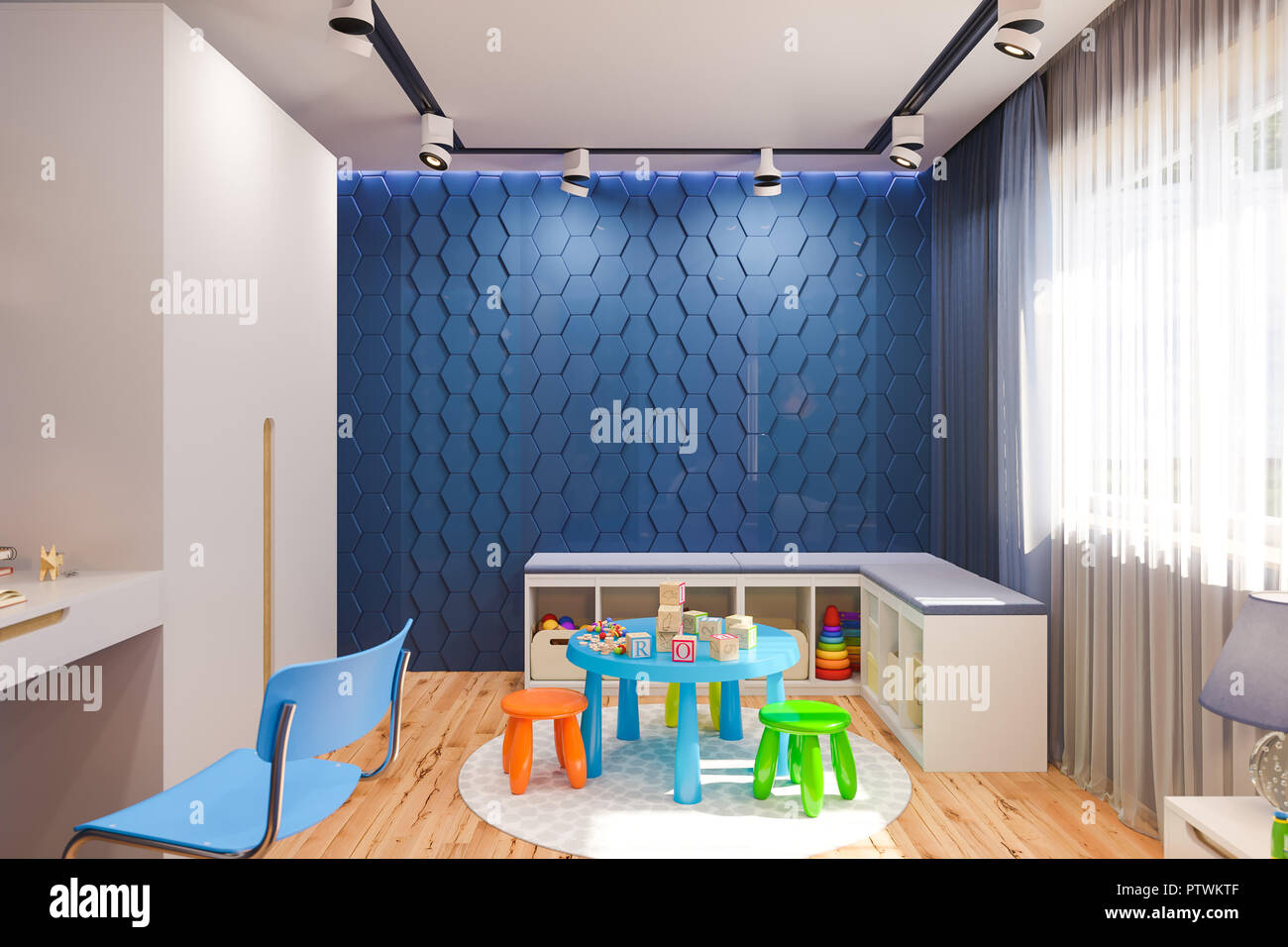15D-Darstellung der Kinder Schlafzimmer in tiefem Blau ... 15D-Darstellung der Kinder Schlafzimmer in tiefem Blau ...