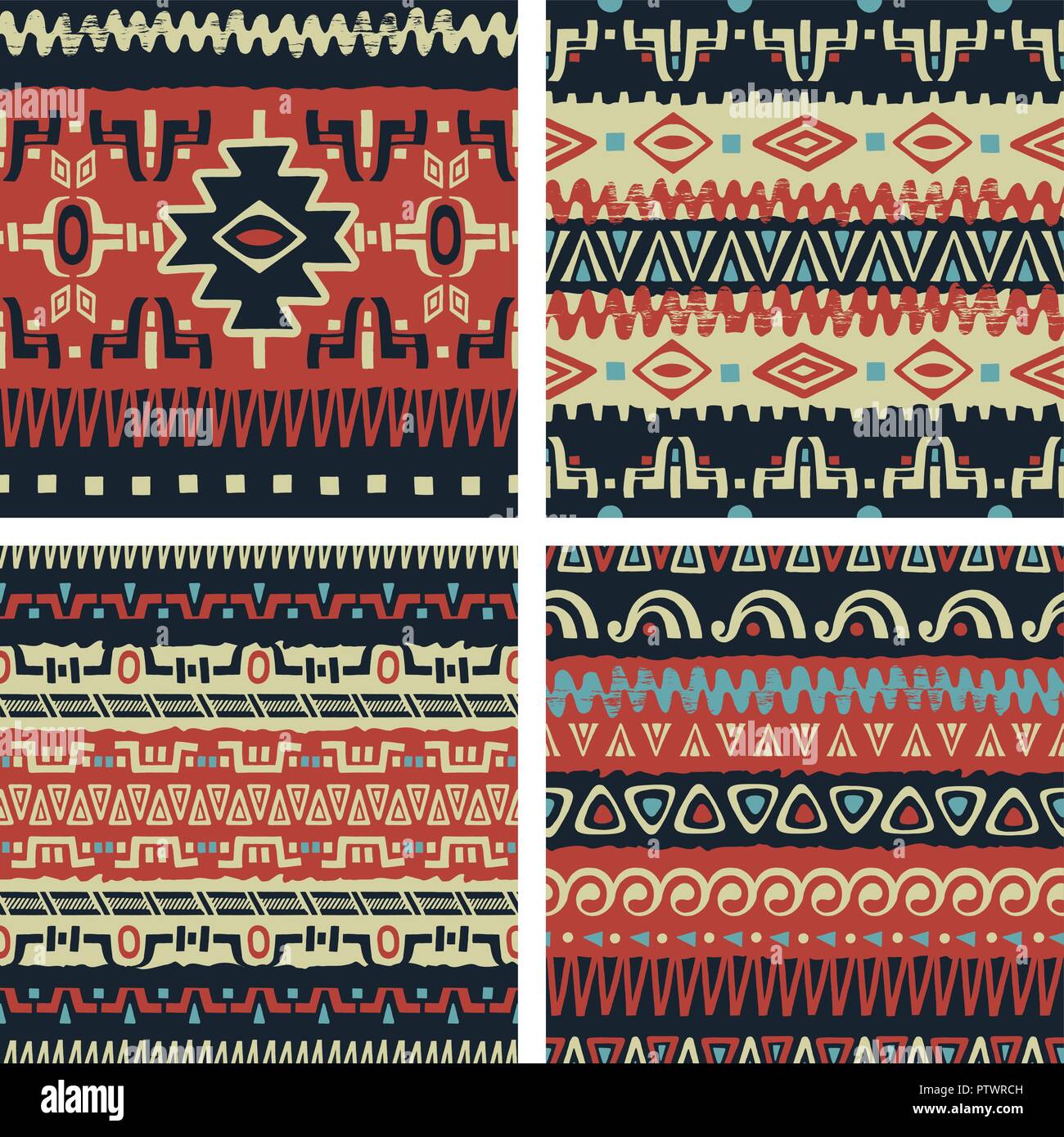 Satz von Hand ethnischen nahtlose Hintergründe gezeichnet. Tribal Muster für Ihr Design. Verwenden Sie für Gewebe, Muster füllt, Webseite Hintergrund. Zickzack und Streifen Stock Vektor