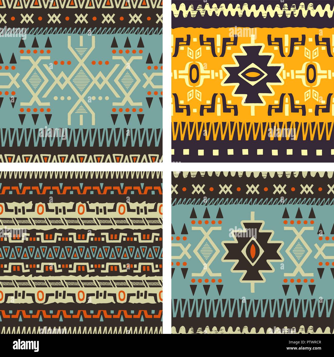 Satz von Hand ethnischen nahtlose Hintergründe gezeichnet. Tribal Muster für Ihr Design. Verwenden Sie für Gewebe, Muster füllt, Webseite Hintergrund. Zickzack und Streifen Stock Vektor