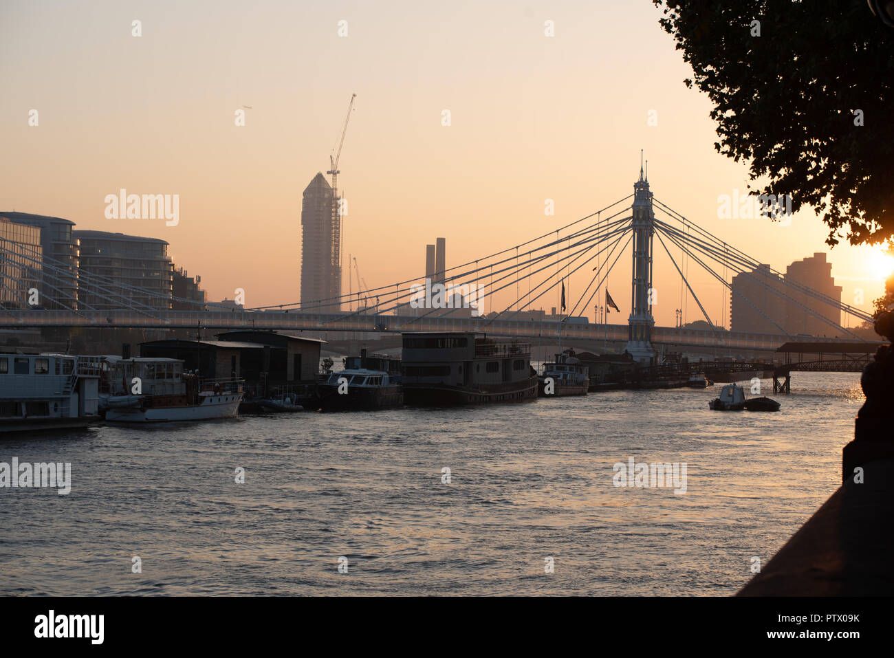 Albert Bridge in West London bei Sonnenuntergang Stockfoto