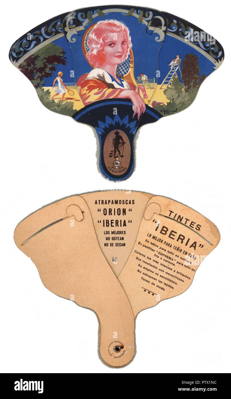 Abanico plegable de cartón con Publicidad al dorso de Tintes Iberia. Año 1923. Stockfoto