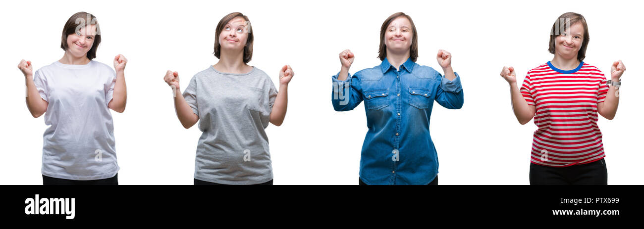 Collage von unten sydrome Frau über isolierte Hintergrund überrascht Feiern und für den Erfolg mit erhobenen Armen und offenen Augen überrascht. Sieger Konzept. Stockfoto