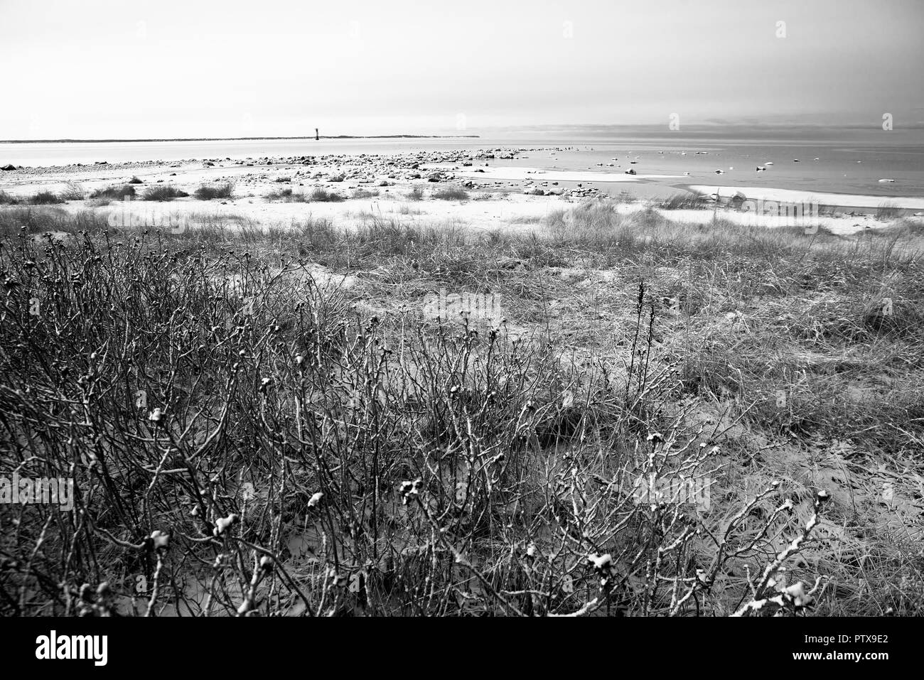 Winterlandschaft mit Meerblick Stockfoto