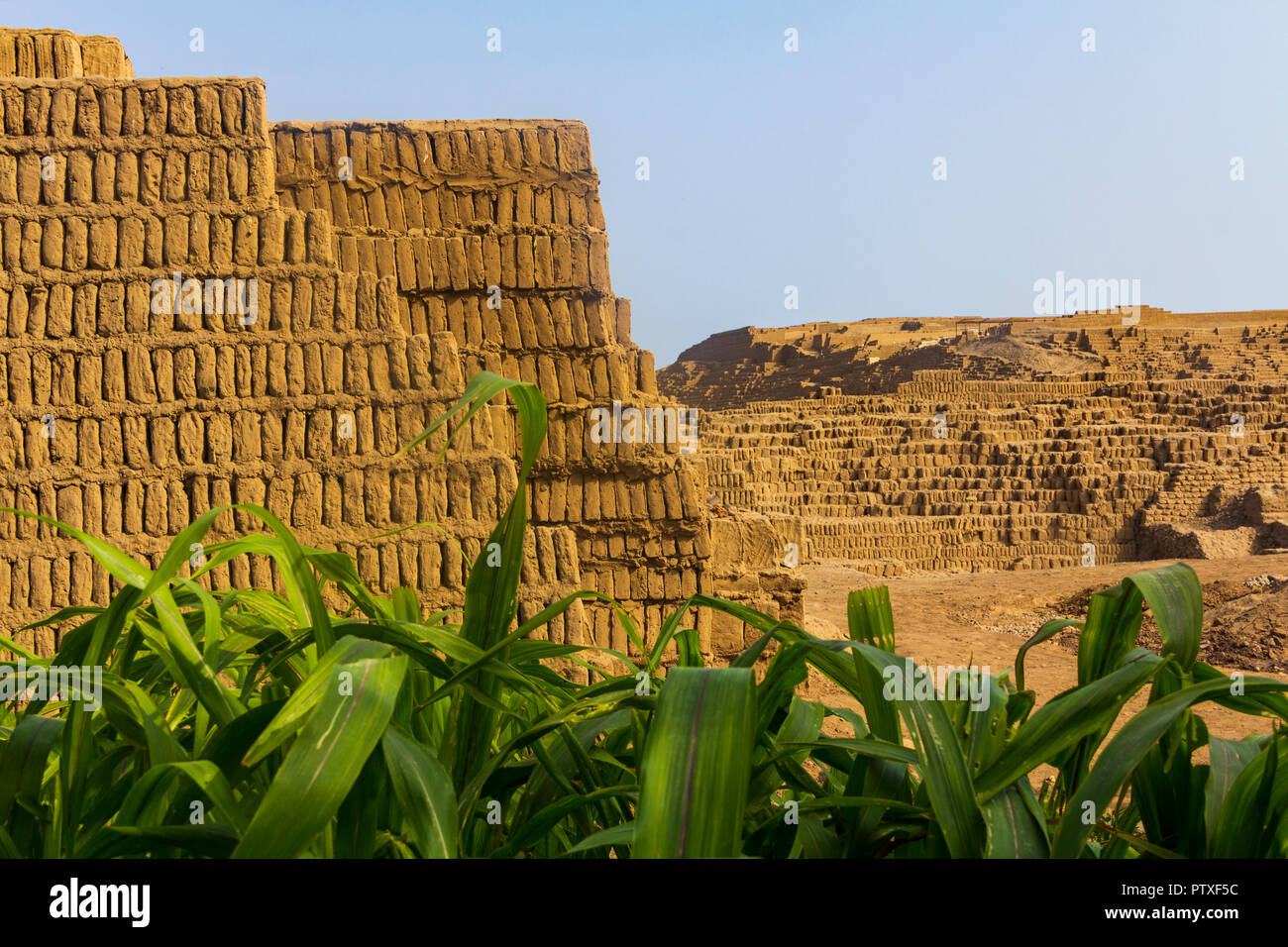 Huaca Pucllana, ist eine fast 2000-jährige Ton & Adobe trat Pyramide aus der Lima, Miraflores, Lima, Peru fotografiert im Sommer. Stockfoto