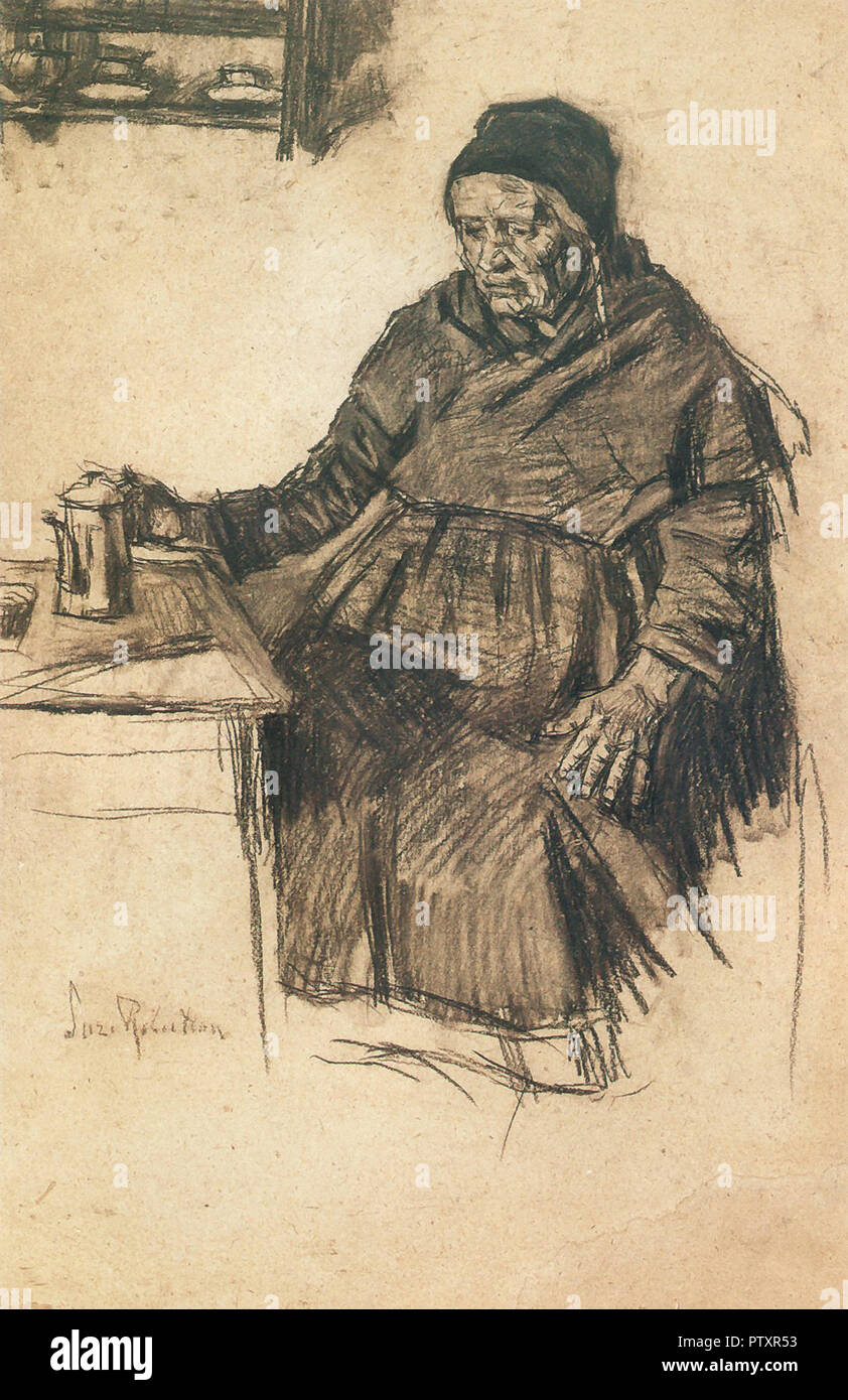 Robertson Suze-Oude Vrouw Aan Tafel Met Koffiekan Stockfoto