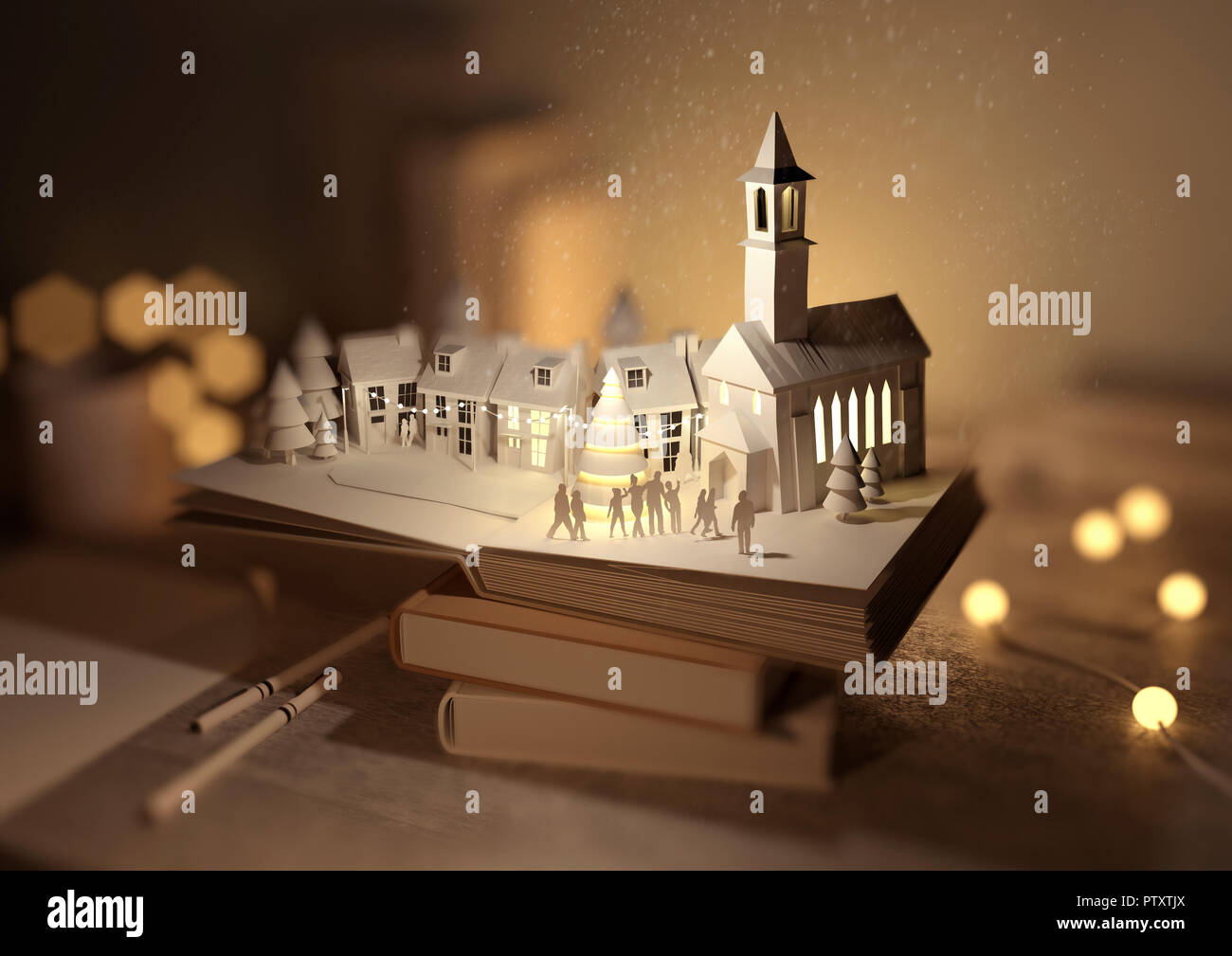 Einen Stapel Bücher mit einem Pop-Up-Buch - Weihnachten geöffnet enthüllt eine festliche Weihnachten Stadt. 3D-Darstellung. Stockfoto