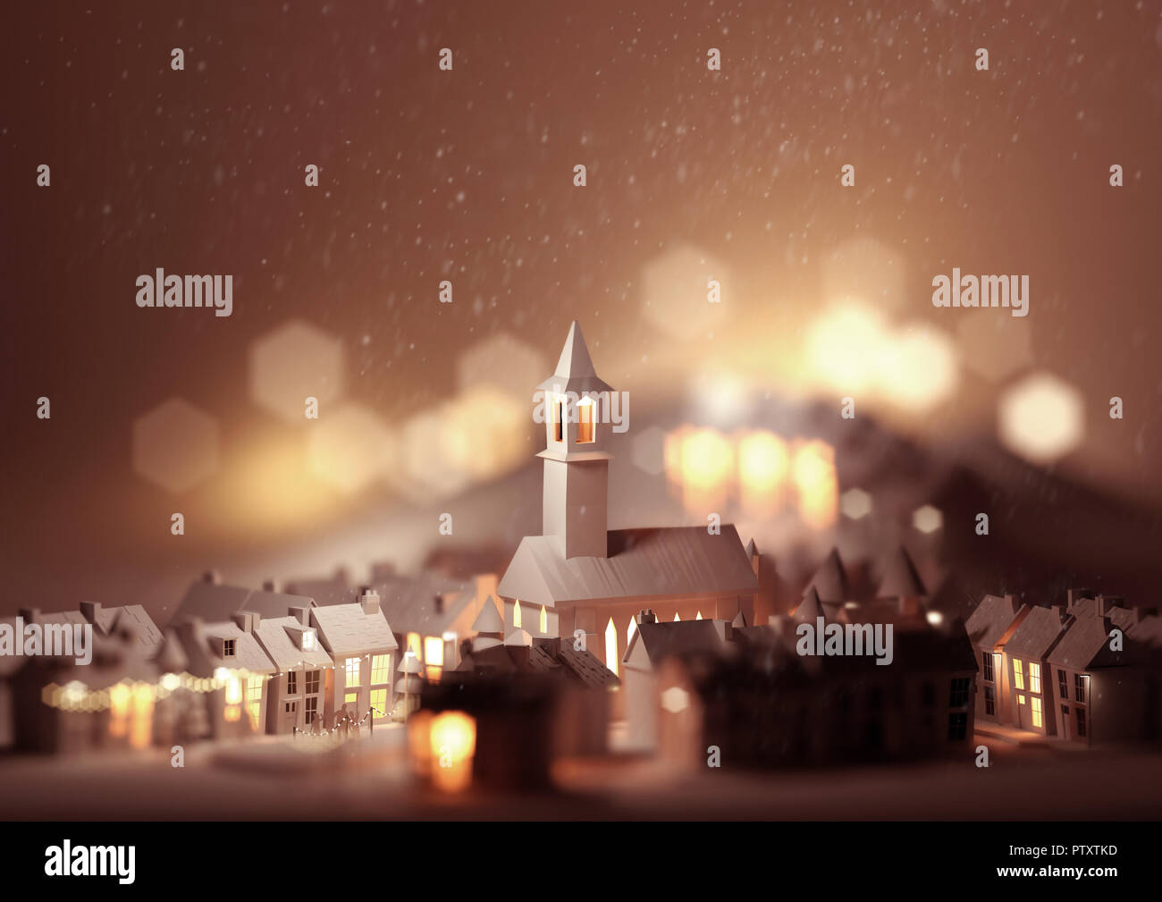 Ein Modell Weihnachten Stadt mit Häusern und einer Kirche am Heiligabend. 3D-Darstellung. Stockfoto