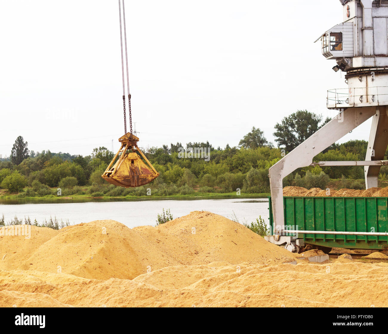 Port Lastkran Ladungen Holzhackschnitzel in Eisenbahnwaggons, Späne - Holz Stockfoto