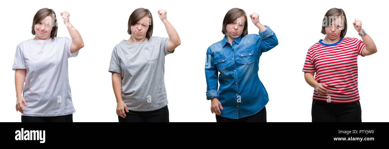 Collage von unten sydrome Frau über isolierte Hintergrund verärgert und wütend die Faust frustriert und wütend, während Schreien vor Wut. Wut und aggressiv Stockfoto