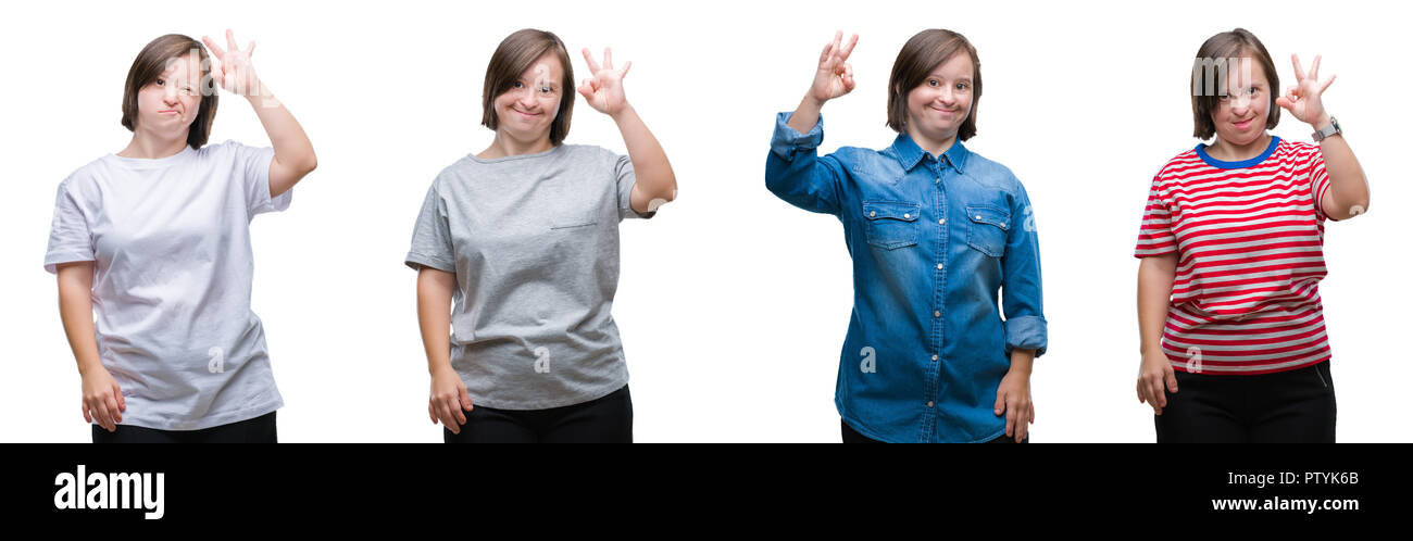 Collage von unten sydrome Frau über isolierte Hintergrund Lächeln positive tun ok Zeichen mit der Hand und der Finger. Erfolgreiche Ausdruck. Stockfoto