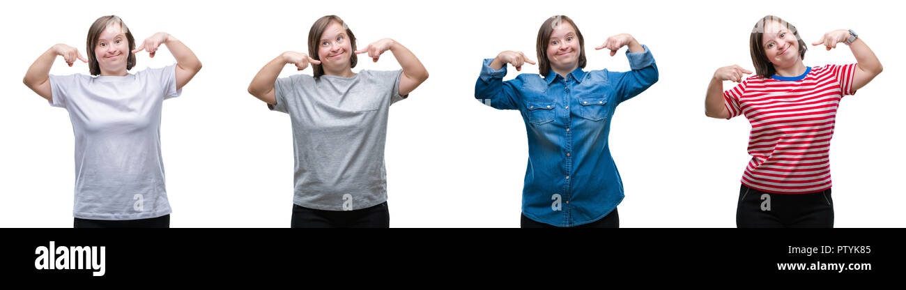 Collage von unten sydrome Frau über isolierte Hintergrund lächelt zuversichtlich zeigen und zeigen mit den Fingern Zähne und Mund. Gesundheit Konzept. Stockfoto