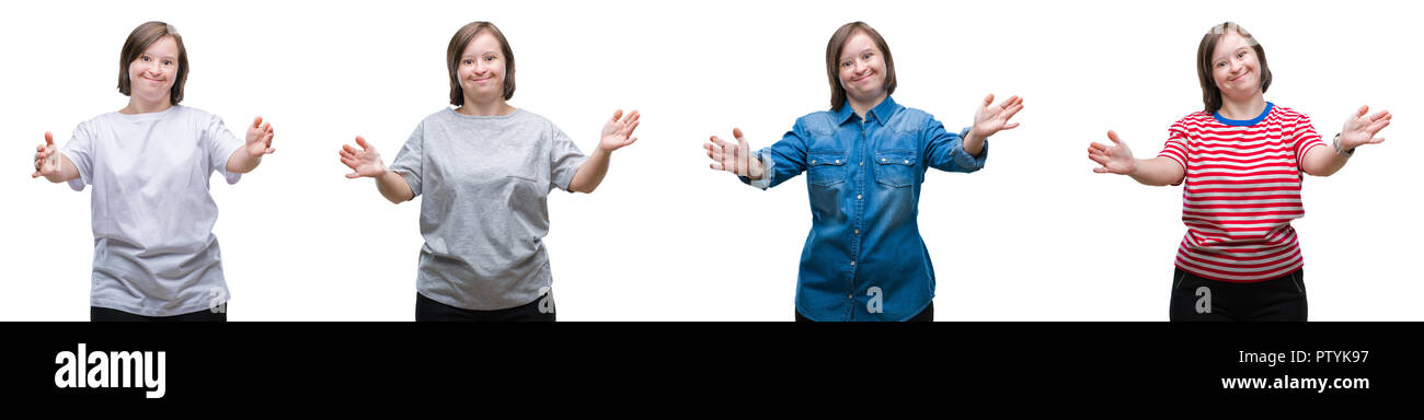 Collage von unten sydrome Frau über isolierte Hintergrund in die Kamera lächelnd mit offenen Armen für die Hug. Fröhlichen Ausdruck Glück umarmen. Stockfoto