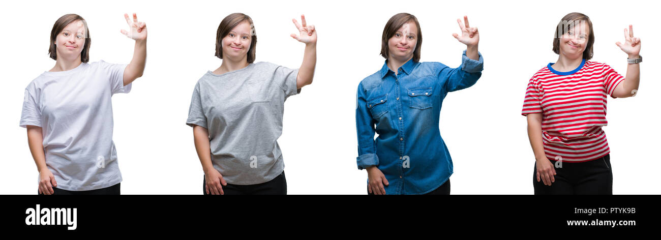 Collage von unten sydrome Frau über isolierte Hintergrund angezeigt und zeigen mit den Fingern Nummer drei, während lächelte zuversichtlich und fröhlich. Stockfoto