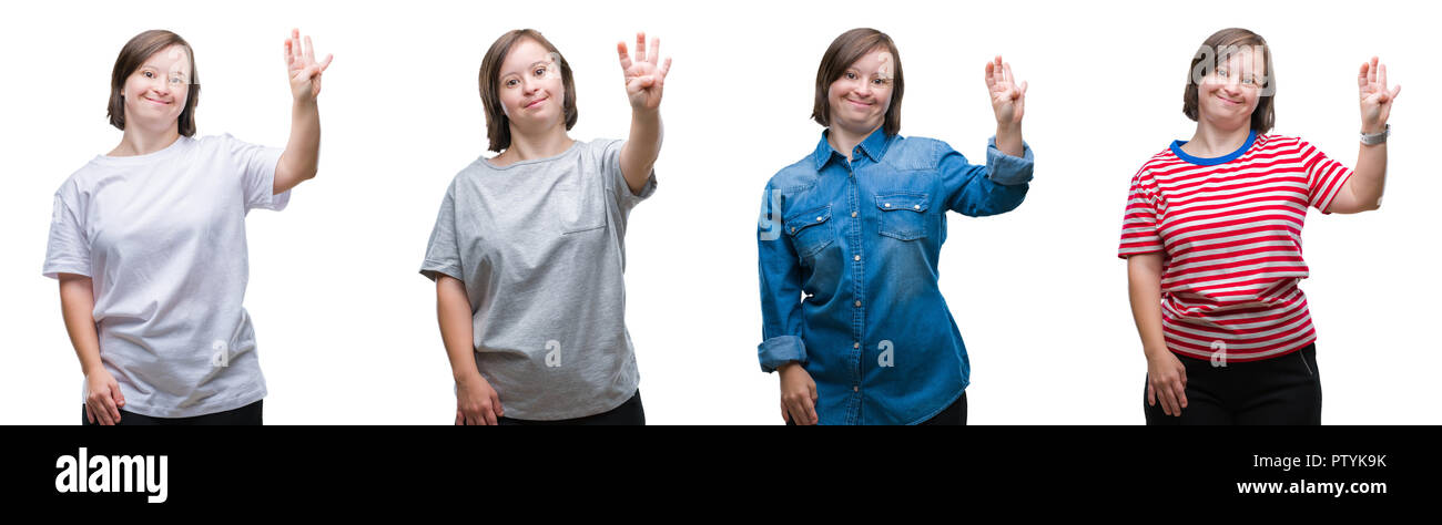 Collage von unten sydrome Frau über isolierte Hintergrund angezeigt und zeigen mit den Fingern Nummer vier, während lächelte zuversichtlich und fröhlich. Stockfoto