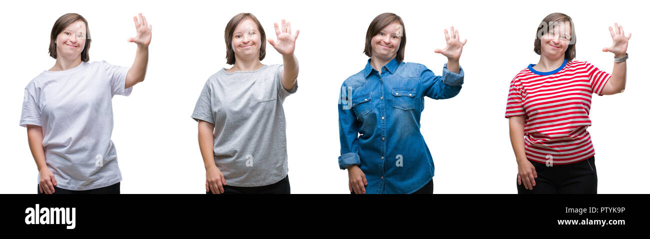 Collage von unten sydrome Frau über isolierte Hintergrund angezeigt und zeigen mit den Fingern Nummer fünf, während lächelte zuversichtlich und fröhlich. Stockfoto