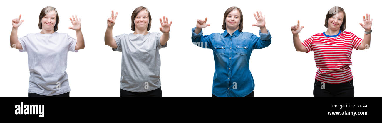 Collage von unten sydrome Frau über isolierte Hintergrund angezeigt und zeigen mit den Fingern Nummer sieben, während lächelte zuversichtlich und fröhlich. Stockfoto