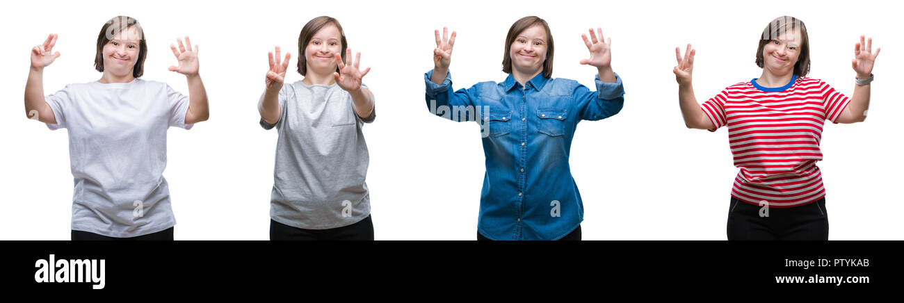 Collage von unten sydrome Frau über isolierte Hintergrund angezeigt und zeigen mit den Fingern die Zahl 8 Während lächelte zuversichtlich und fröhlich. Stockfoto