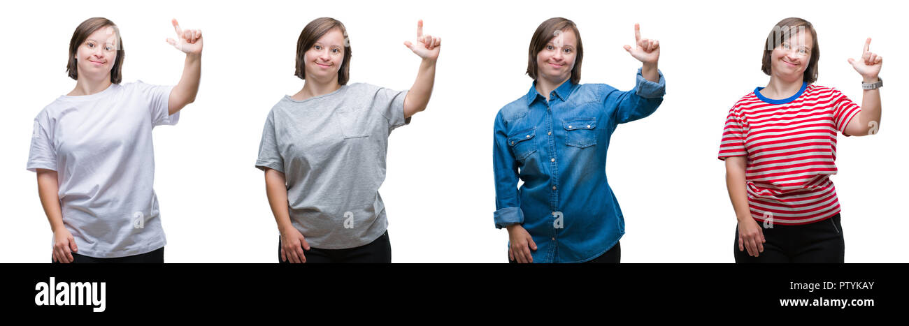 Collage von unten sydrome Frau über isolierte Hintergrund angezeigt und zeigen mit den Fingern Nummer zwei während lächelte zuversichtlich und fröhlich. Stockfoto