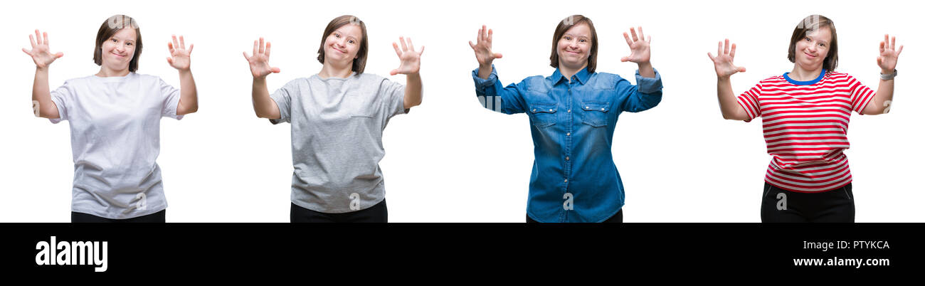 Collage von unten sydrome Frau über isolierte Hintergrund angezeigt und zeigen mit den Fingern Nummer zehn, während lächelte zuversichtlich und fröhlich. Stockfoto