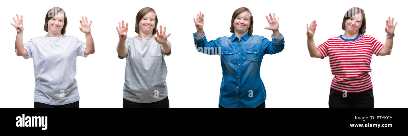 Collage von unten sydrome Frau über isolierte Hintergrund angezeigt und zeigen mit den Fingern Nummer neun während lächelte zuversichtlich und fröhlich. Stockfoto