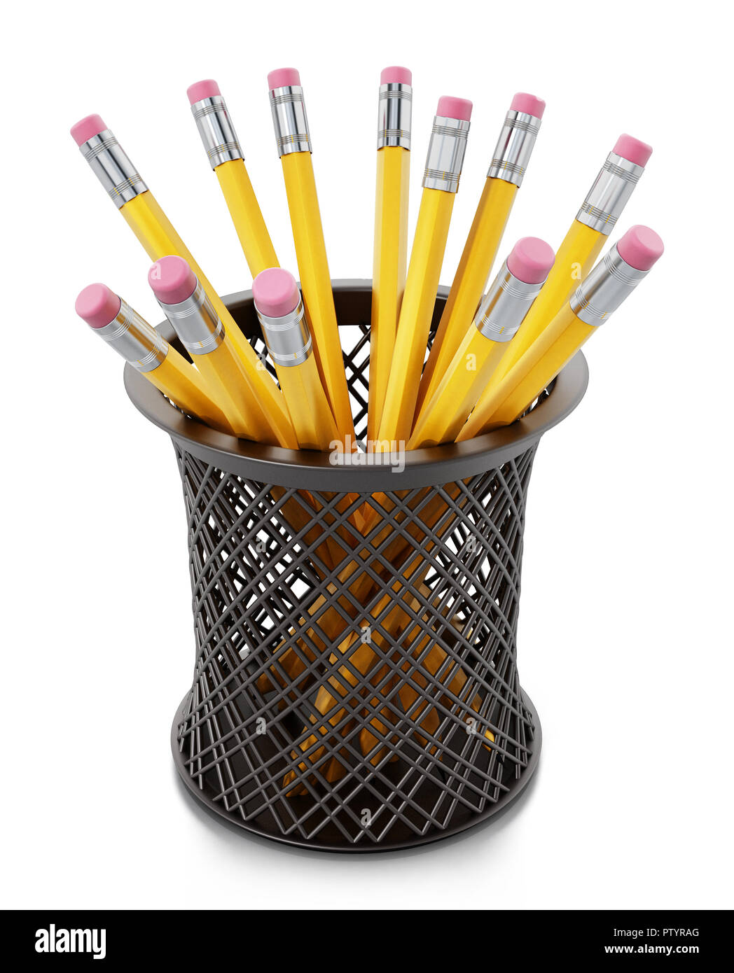 Schwarz Stifthalter voll Der gelbe Bleistift auf weißem Hintergrund. 3D-Darstellung Stockfoto