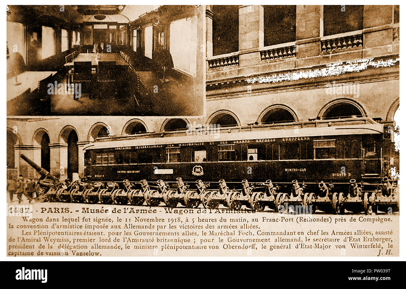 Armistice Day - die Eisenbahn, in dem der Frieden Vertrag am Ende des Ersten Weltkriegs unterzeichnet (von der Postkarte der Zeit) war Stockfoto