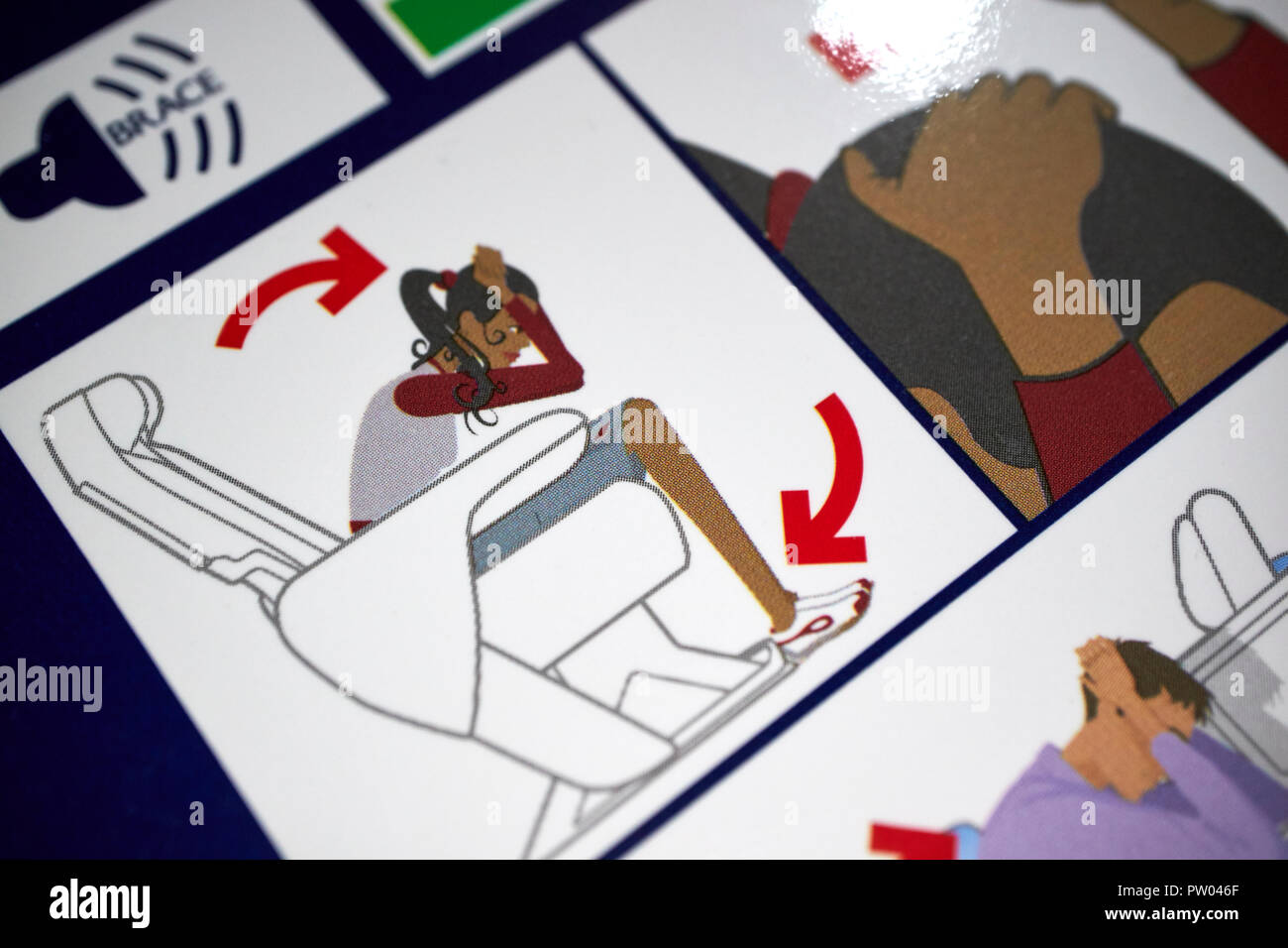 Brace Position auf die Sicherheit an Bord gezeigt British Airways Flight Safety Card Information Stockfoto