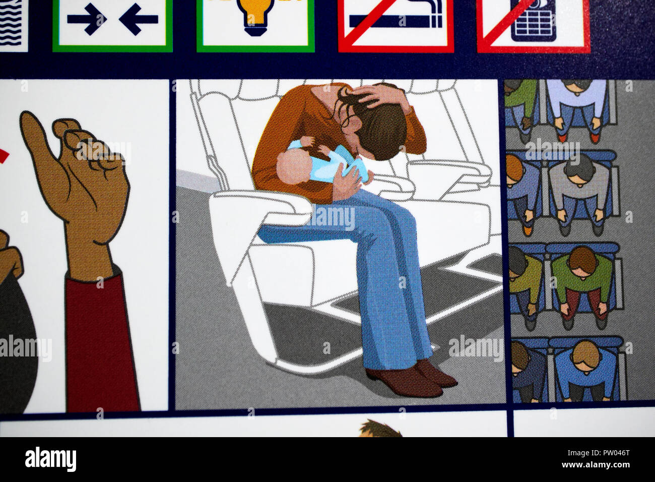 Brace position Holding Baby auf die Sicherheit an Bord von British Airways Flight Safety Card Information Stockfoto
