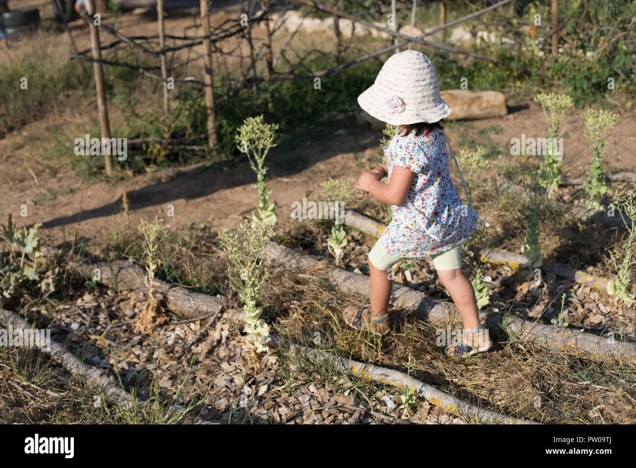 Ein junges Mädchen zu Fuß in einem Gemüsegarten. Stockfoto